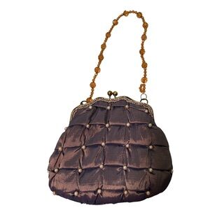 Vintage Beaded Satin Evening Bag – Pearl Accents & Amber Handle